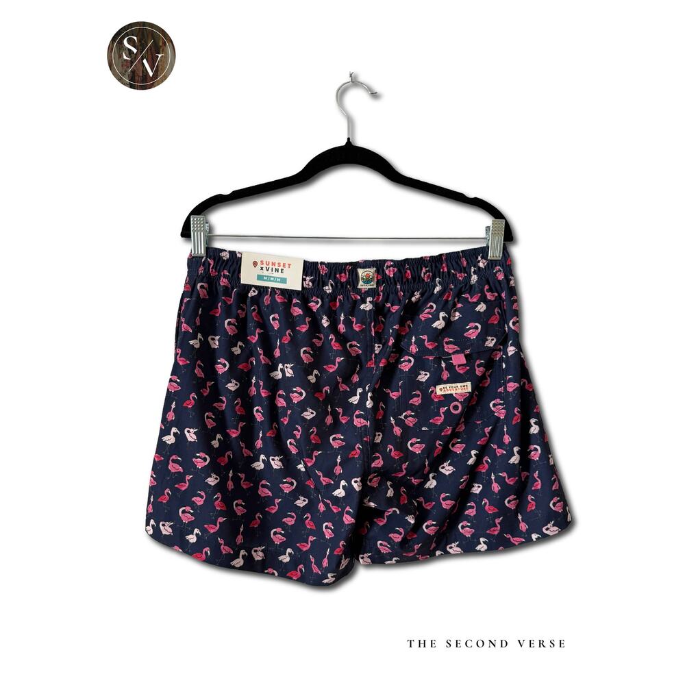 Sunset x‎ Vine Swim Trunks Mens Flamingo Print Mesh Lining Navy Blue Medium - Picture 2 of 10